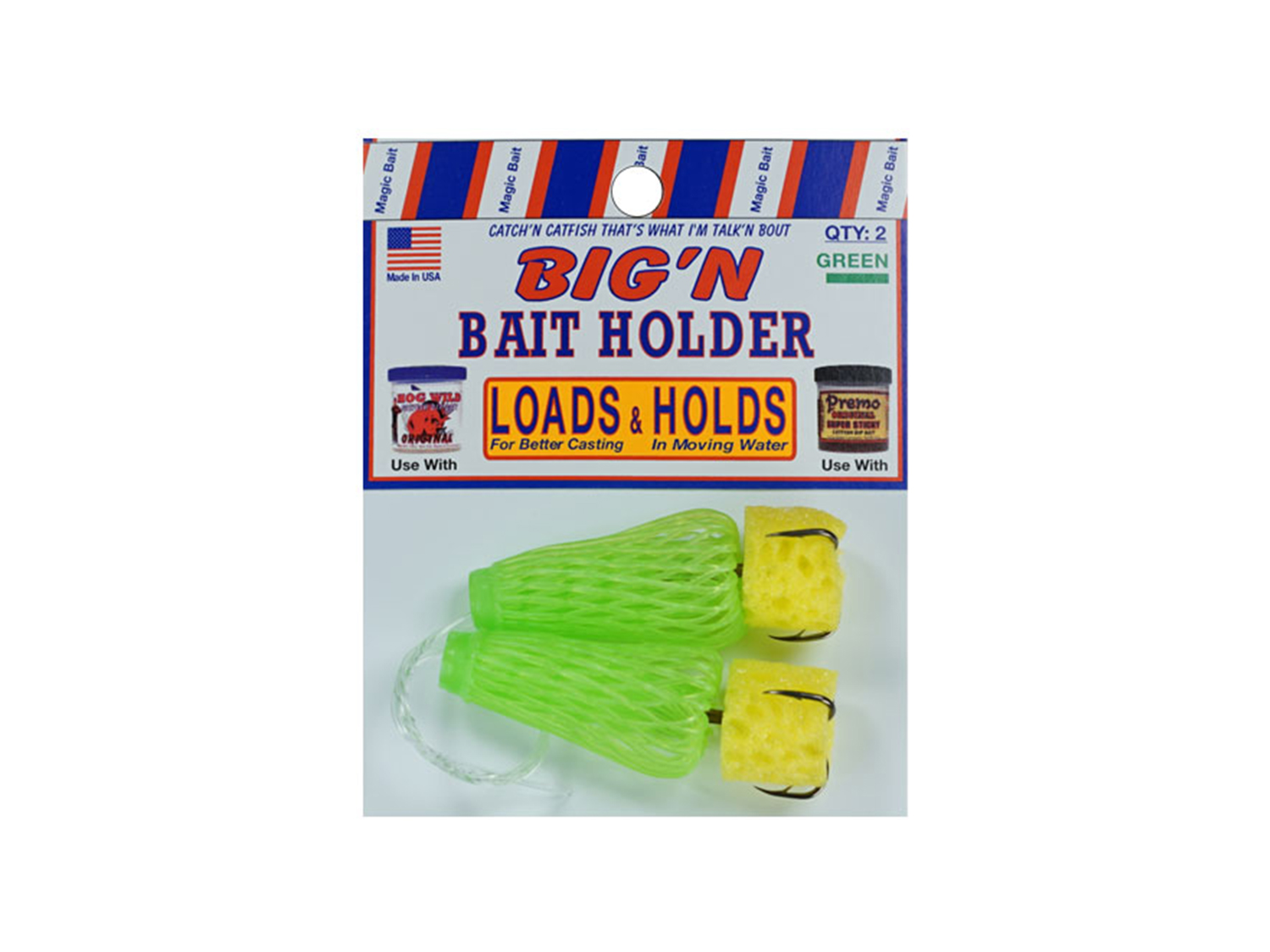 4 Packs of 2 Magic Bait Hog Wild Green Big'N Big N Dip Bait Holder Catfish  Hooks